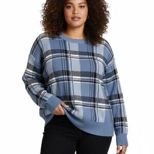Tahari Plaid Knit Crewneck Sweater Womens XL Blue Cozy Classic Preppy